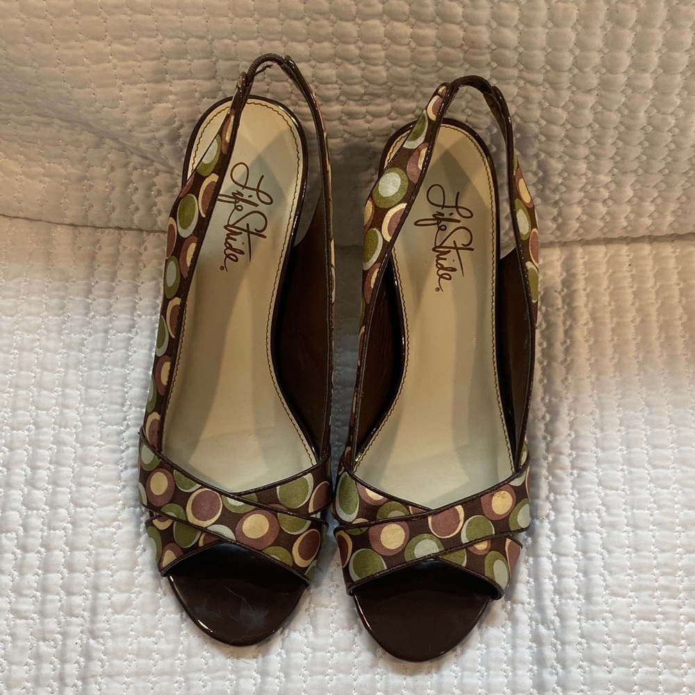 Life Stride Polka Dot Slingback Heels - Brown and Green